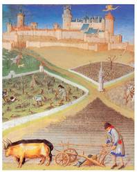 Berryko dukearen Orduen liburua, XV. mendearen hasierakoa. Gazteluak eta nekazariak, edo botereak ematen zuen babesa.<br><br>